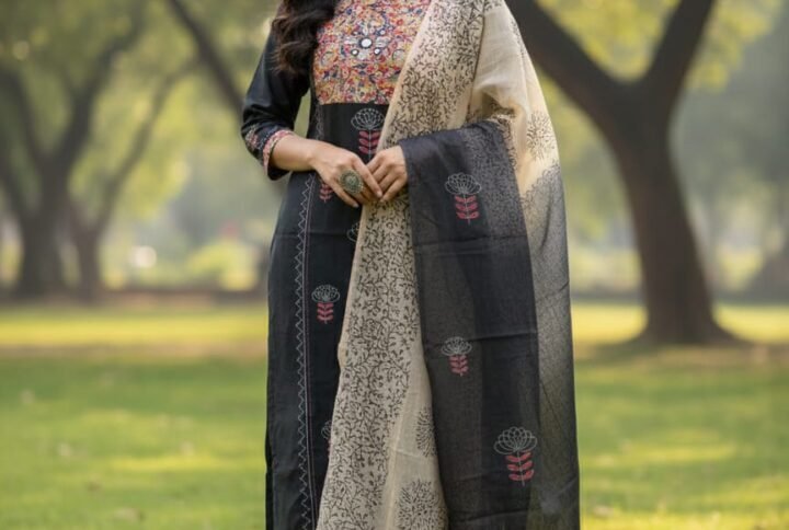 black block print cotton dress