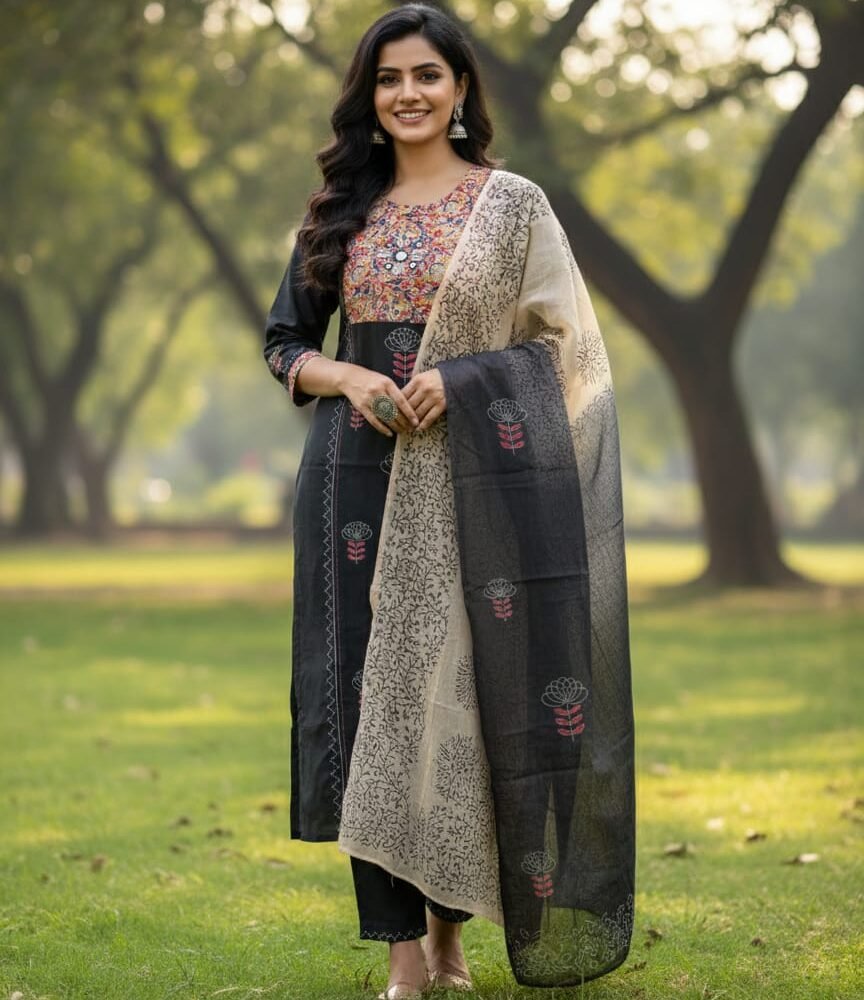 black block print cotton dress