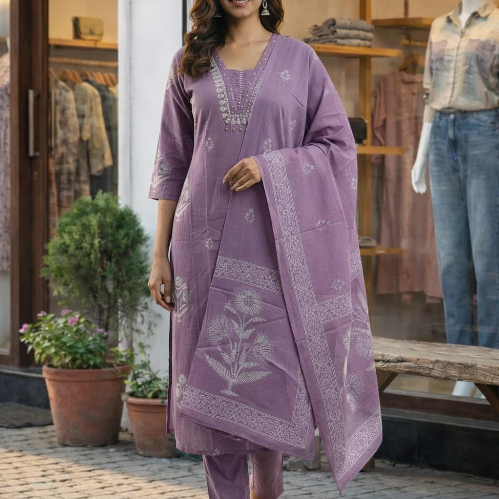 Lavender Bloom Cotton Kurta Pant Set