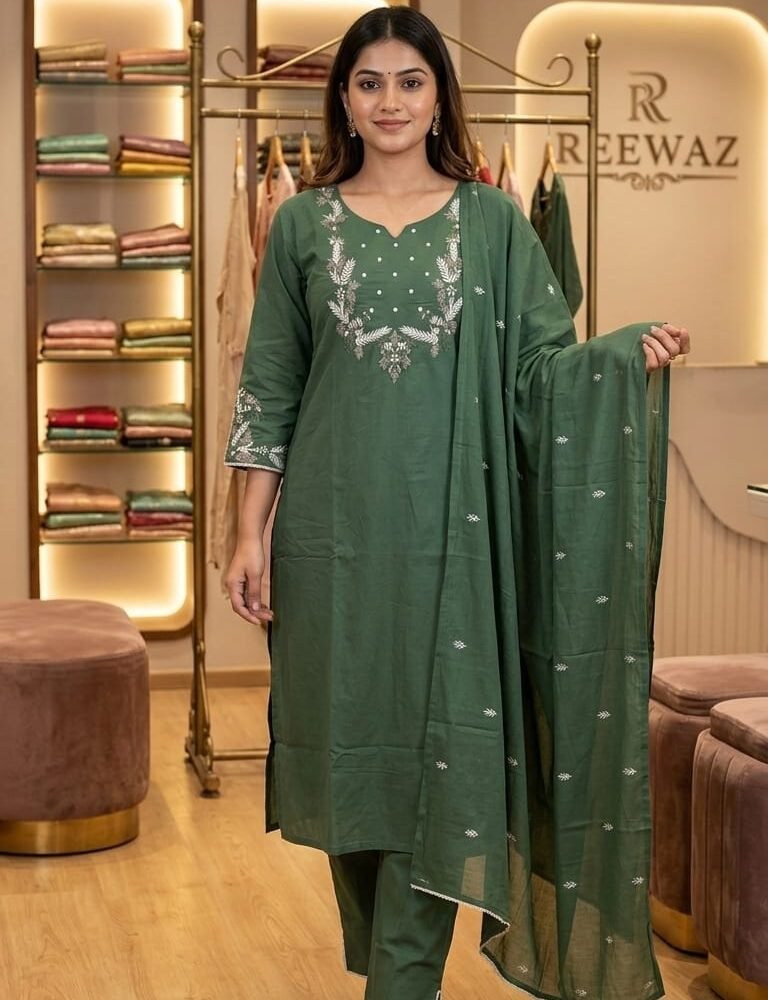 Reewaz Emerald Green Cotton Kurta Set with Dupatta